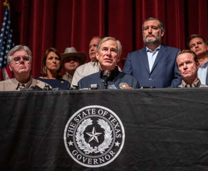 Gov. Greg Abbott speaks at a press conference at Uvalde High School on Wednesday, May 25, 2022. Twenty-one people were killed after a gunman opened fire inside Robb Elementary School on Tuesday.