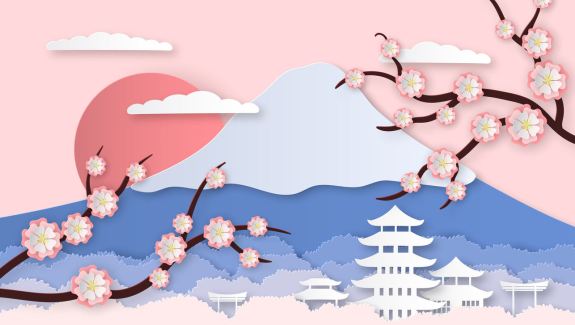 Paper sakura. Panorama landscape with japanese trees, garden flowers and hills. Paper cut style origami asia travel vector background