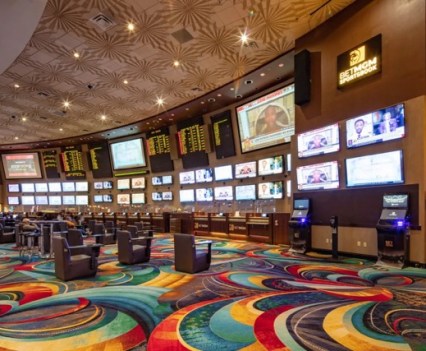An upgraded sports betting area in the MGM Grand casino in Las Vegas is co-branded with BetMGM.