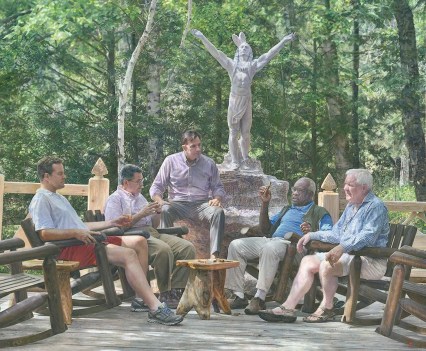 A painting that hangs at Camp Topridge shows Crow, far right, and Thomas, second from right, smoking cigars at the resort. They are joined by lawyers Peter Rutledge, Leonard Leo and Mark Paoletta, from left