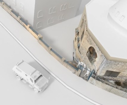 A 3D virtual rendering of Nablus on Feb. 22, as an Israeli armored vehicle with grates on its windows slows in front of a short wall and continues to shoot.