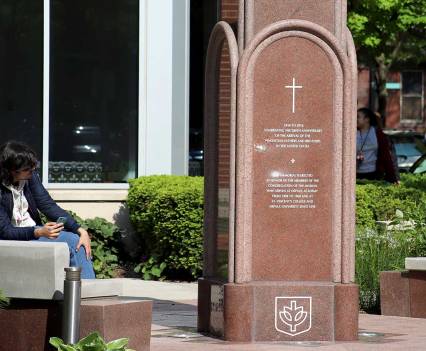 A monument on DePaul’s Lincoln Park Campus, just outside Arts & Letters Hall, reads “1816-2016: celebrating the 200th anniversary of the arrival of the Vincentian fathers and brothers in the United States.” (Cam Rodriguez)