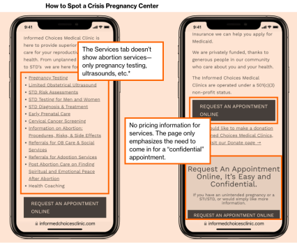 Graphic showing how to spot credible search results when searching for abortion clinics