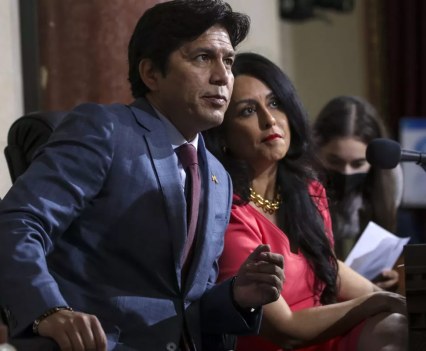 Los Angeles City Councilman Kevin de Leon, left, and council President Nury Martinez confer at a council meeting Tuesday. (Irfan Khan / Los Angeles Times)