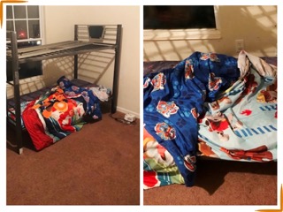 Photos of Jayden's bed and Paw Patrol sheets