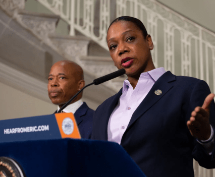 NYPD Commissioner Kechant Sewell speaks at City Hall with Mayor Eric Adams, April 3, 2023.
