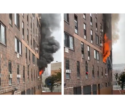 Side by side images of a tall brick building. One showing flames coming out of the 2nd floor, the other showing flames on the 3rd floor