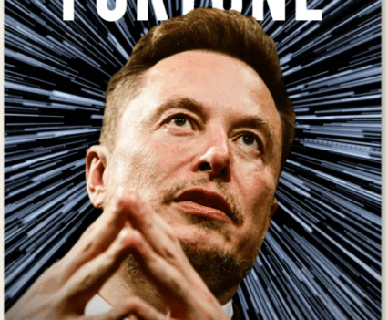Elan Musk on a blue and grey background. Text on image reads, "FORTUNE: Elan Musk's Universe"