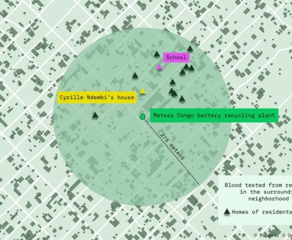 A green map shows a green-shaded circle in the center with a radius line of 275 meters and has the following labels: "School", Cyrille Ndembi's House", and "Metssa Congo battery recycling plant".