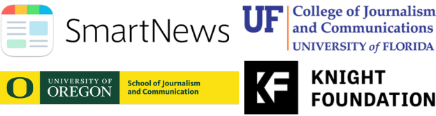 Logos for SmartNews, University of Florida College of Journalism and Communications, University of Oregon School of Journalism and Communication and the Knight Foundation