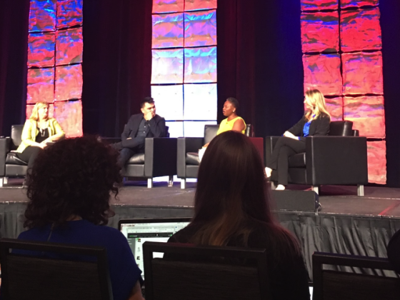 Caption: Keynote speakers Lisa Stone, Vanessa K. DeLuca, Jose Vargas and Alisa Miller. The keynote focused on what a bechdel test for news stories with diverse content would look like.