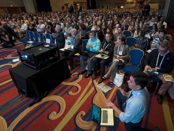 ONA director Irving Washington said there are 3008 attendees registered for ONA17, a 30 percent jump over attendance last fall in Denver. The conference still sold out weeks in advance. That 2017 crowd filled the ballroom Thursday morning for an opening panel moderated by CNN’s Brian Stelter on truth and journalism. (Photo by ONA Newsroom) Oct. 5, 2017
