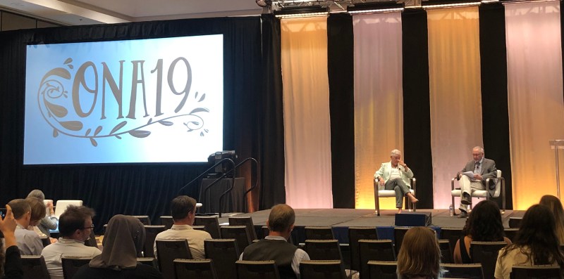 Gina McCarthy and Mark Schleifstein discuss how journalists should be covering climate change during a presentation at ONA19. Photo by Nisa Khan