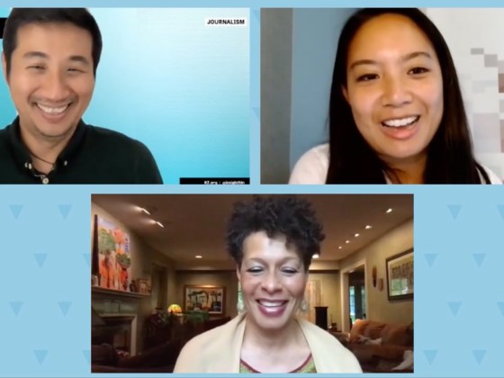 The panel, from top left, Paul Cheung, Director / Journalism and Technology Innovation, Knight Foundation, Nicole Dungca, investigative reporter, The Washington Post and Sara Lomax-Reese, President/CEO, WURD Radio; Co-Founder, URL Media, WURD Radio