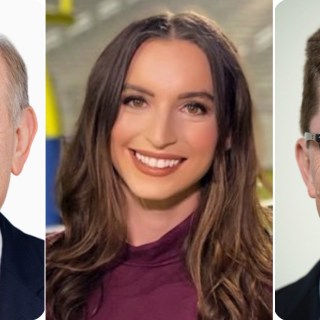 Sports journalists, from left, Matt Musil of KHOW TV, Emily Giangreco of KVUE TV, and John Affleck, the Knight Chair for Sports Journalism at Penn State University.