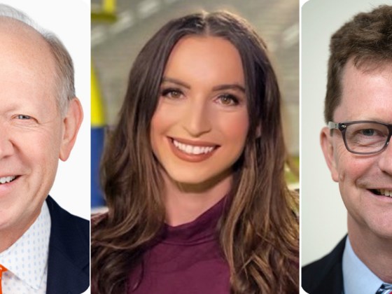 Sports journalists, from left, Matt Musil of KHOW TV, Emily Giangreco of KVUE TV, and John Affleck, the Knight Chair for Sports Journalism at Penn State University.
