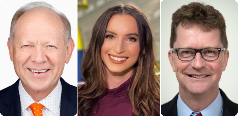 Sports journalists, from left, Matt Musil of KHOW TV, Emily Giangreco of KVUE TV, and John Affleck, the Knight Chair for Sports Journalism at Penn State University.