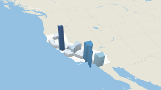 A data visualization map of the number of nonprofit news sources in California. There are blue bars of differing sizes depending on how many nonprofits each county has. The largest blue bar is in Alameda County, and the second largest is in Los Angeles County. There are 14 other counties with at least one nonprofit news source.