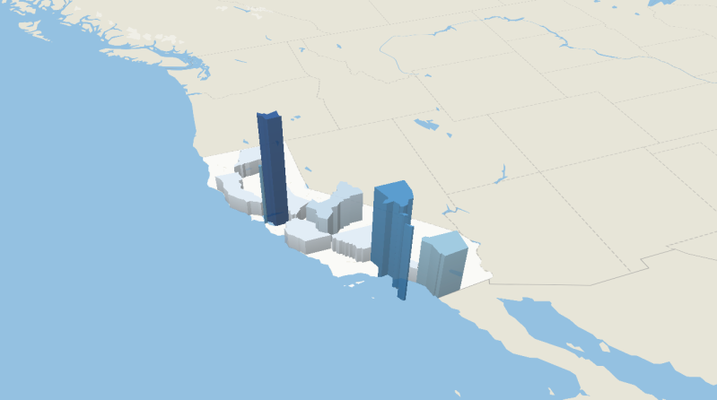 A data visualization map of the number of nonprofit news sources in California. There are blue bars of differing sizes depending on how many nonprofits each county has. The largest blue bar is in Alameda County, and the second largest is in Los Angeles County. There are 14 other counties with at least one nonprofit news source.