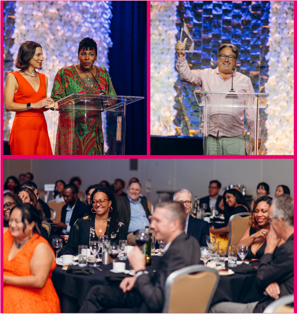 Three separate pictures in a grid, with two pictures on top and one on the bottom. In the upper left are Jean Friedman-Rudovsky and Cassie Haynes accepting the 2023 Impact Award at the OJAs. In the upper left is Chad Blair triumphantly holding up the OJA trophy for 2023 General Excellence in Online Journalism, Small Newsroom. The bottom picture is of a crowd shot of attendees seated and smiling during the 2023 OJA Ceremony.