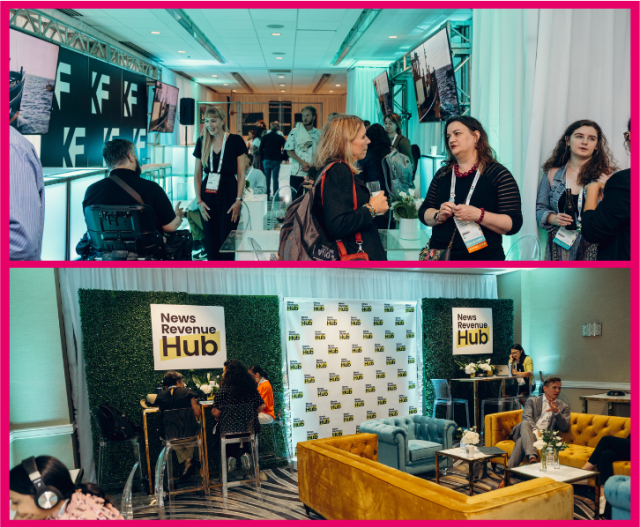 A grid of two pictures. The top picture is of a small crowd in the ONA23 Knight Lounge. The bottom picture is of people sitting in different spots in the News Revenue Hub's ONA23 Coworking Space.