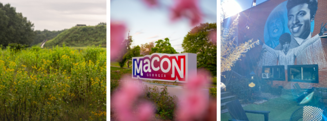A grid of three side-by-side pictures. On the left is a field of yellow flowers with the Ocmulgee Mounds in the background. In the middle is a "Macon Georgia" sign partially obscured by pink flowers. On the right is a mural of featuring three images of Little Richard on a brick building wall.