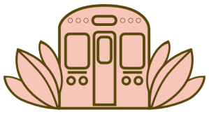 Stylized illustration of the front of a Chicago “L” train in pink with brown outlines, framed by simple leaf shapes on both sides like petals, giving the train a flower-like motif.