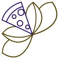 Stylized logo combining a slice of pizza with a flower design. A triangular slice of pizza, outlined in purple with visible circular toppings, replaces one of the petals in a five-petal flower drawn with golden-brown lines.