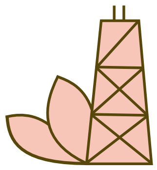 Stylized illustration of the Willis Tower in pink with brown outlines, featuring a simplified geometric design and two antennae on top. Three petal-like leaf shapes extend from the left side of the tower, giving it a flower-inspired look.