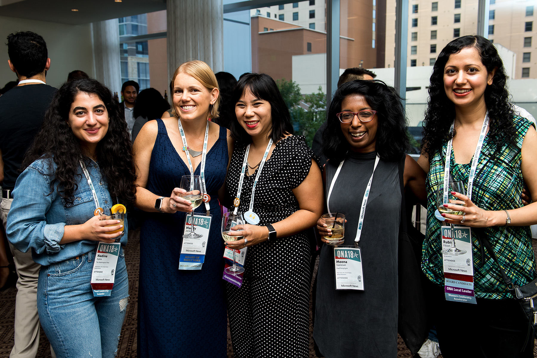 Nadine Ajaka, Mandy Jenkins, Kim Bui, Meena Ganesan and Rubina Madan Fillion gathered at ONA18 on Sept. 15, 2018, in Austin, Texas. 