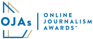 The Online Journalism Awards logo features 2 outlines representing the shape of the physical award, one in blue and one in gold, with OJAs in the center in blue.